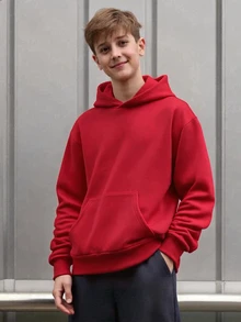 SHEIN 青少年男孩休閒寬鬆舒適百搭純色連帽衫，秋冬服飾 - 紅色 - 查看 7