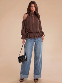 Bluhae Fashionable Elegant Loose Lace Patchwork Cold Shoulder Long Sleeve Autumn Blouse - Brown - View 4