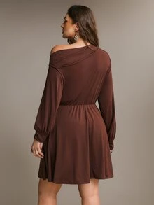 Freevana Plus Size Women Casual Commute Solid Color Asymmetric Neckline Waist Cinched A-Line Dress - Brown - View 2