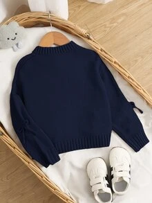 SHEIN 女童少女休閒日常時尚秋冬蝴蝶結針織上衣，長袖開襟衫返校毛衣 - 藍色 - 查看 2