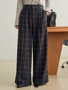 Dazy-Less Autumn/Winter Navy Blue High-Waist Pleated Solid Color Loose Straight Leg Casual Vintage 2000s Versatile Wide Leg Women's Long Pants Plaid Office Work - Navy Blue - View 5