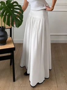Serisse 女款法式優雅高腰白色A字長裙，波浪對比刺繡裙襬，飄逸大擺長裙，適合上班通勤與約會 - 白色 - 查看 2
