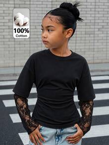 SHEIN 青少年女孩純色對比蕾絲 2 合 1 長袖 T 恤 - 黑色 - 查看 1