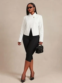 SHEIN SXY Plus Size Women Solid Color Casual Versatile Daily Wear Long Sleeve Jacket - White - View 3