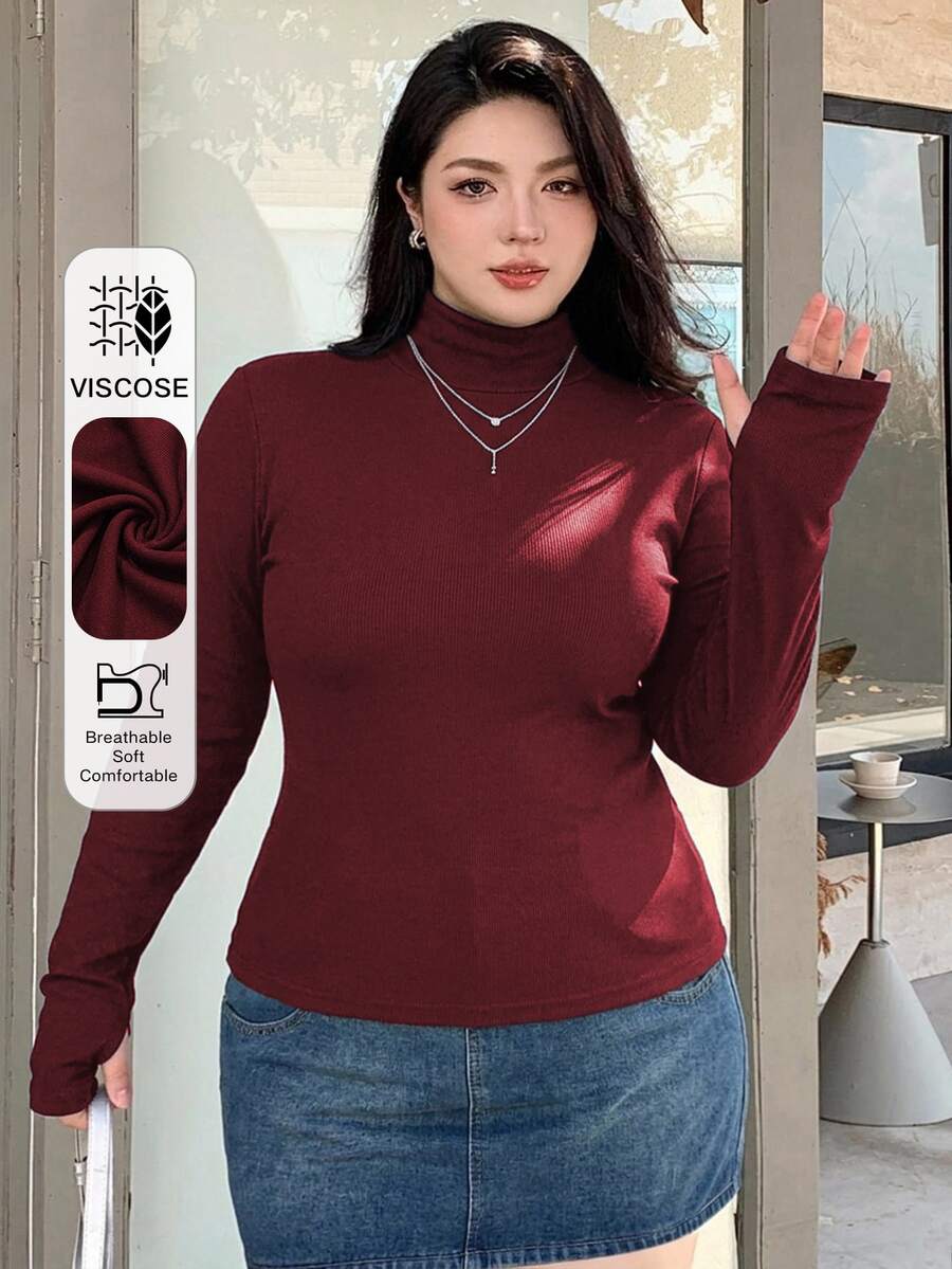Dazy Plus 修身純色高領打底T恤 春夏秋季 - 酒紅色 - 查看 1