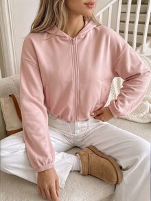 Easowa Women's Solid Color Drop Shoulder Long Sleeve Zip-Up Casual Sweatshirt - Pink - View 3