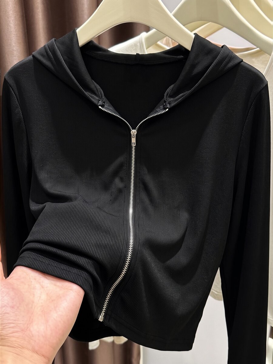 INAWLY Jaket Kasual Harian Wanita Plus Size Warna Polos dengan Ritsleting dan Lengan Panjang - Hitam - View 1