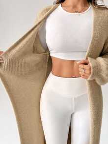 SHEIN PETITE Women's Warm Cardigan For Outings In Autumn And Winter - Khaki - View 3