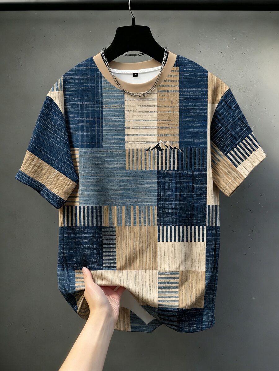 Manfinity Homme 男士加大尺寸圓領撞色休閒日常短袖T卹 - 彩色 - 查看 1