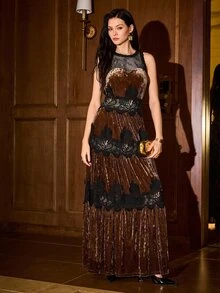 MOTF PREMIUM WOMEN'S AUTUMN/WINTER LACE PATCHWORK VELVET PLEATED LONG DRESS - Apricot - View 5