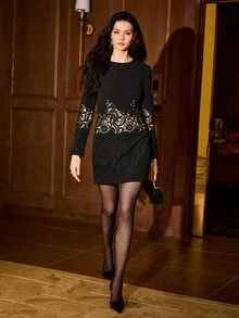 MOTF PREMIUM WOMEN'S AUTUMN/WINTER SHORT LACE EMBROIDERED PATCHWORK MINI DRESS - Black - View 5