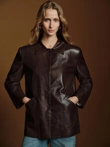 Anewsta Essential Blazer Wanita Kasual Modern Fashion Musim Gugur/Dingin, Warna Cokelat Kopi Maillard dengan Panel Struktur PU untuk Perjalanan Sehari-hari - Coffee Brown - View 6