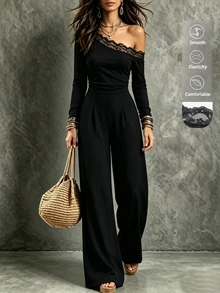 LUMIGAL Women's Elegant Casual Daily Commute Asymmetrical Shoulder Patchwork Ruffle Long Sleeve Elastic Slim Fit Flare Leg Black Jumpsuit - Black - View 1