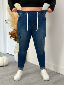 SHEIN CURVE+ Women's Plus Size Blue Washed Stretch Drawstring Waist Denim Jeans, Casual Outwear With Multiple Pockets, Suitable For 5XL-8XL, Autumn/Winter - Blue - View 5