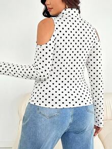Shapeblank Minimalist Polka Dot Casual Slim Fit Cold Shoulder High Neck T-Shirt Plus Size Autumn/Winter - Multicolor - View 2