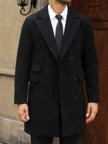 Manfinity Homme 男士純色雙排扣前襟長袖外套，附口袋，秋季穿著，冬季穿搭 - 黑色 - 查看 5