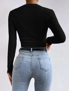 SHEIN Frenchy 女款素色極簡休閒長袖T恤 - 黑色 - 查看 2