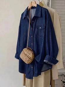 SHEIN CURVE+ Plus-Size Casual Denim Printed Shirt For Commuting Summer Outfits, Holiday Outfits, Beach Outfits, Fall - Blue - View 4
