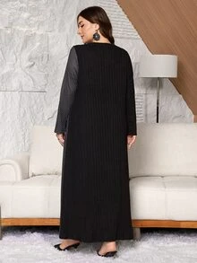 Lacomfia 女款方領長袖波點拼接休閒舒適居家服秋冬大尺碼洋裝 - 黑與白 - 查看 3