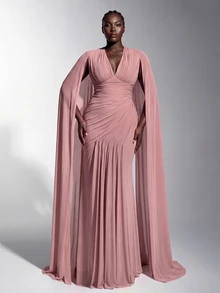 Elitara Plus Size New Elegant Glamorous Pink Mesh V-Neck Flutter Sleeve Ruched Decor Fitted Bodycon Mermaid Hem Long Evening Gown Dress For Wedding Events And All Formal Occasions - Dusty Pink - View 1
