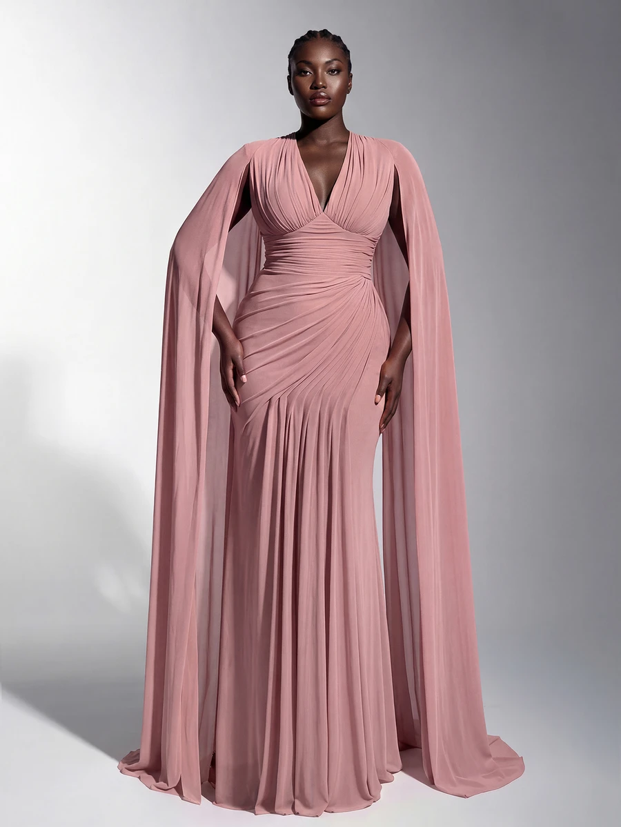 Elitara Plus Size New Elegant Glamorous Pink Mesh V-Neck Flutter Sleeve Ruched Decor Fitted Bodycon Mermaid Hem Long Evening Gown Dress For Wedding Events And All Formal Occasions - Dusty Pink - View 1