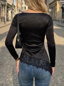 SHEIN Women's Fashion Satin Twist Square Neck Lace Patchwork Asymmetrical Hem Slim Fit Blouse, Suitable For Date, Party Gathering Wear - Black - View 2