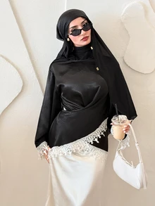 Solavon Women's High Neck Long Sleeve Asymmetric Contrast Color Lace Arabesque Blouse - Black - View 6