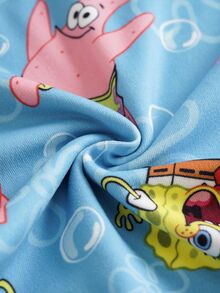 SpongeBob SquarePants | SHEIN 小男孩圓領卡通角色印花T恤與長褲家居服套裝 - 藍色 - 查看 7