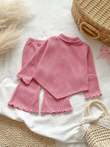 SHEIN Vintaside Kids 2pcs Toddler Baby Girl Top Flared Pants Sweet Cute Pink 3D Bows Lettuce Trim Ribbed Long Sleeve Mock Neck Regular Party Fall Sweaters Holiday Knit Set - Pink - View 2