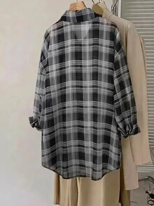 SHEIN CURVE+ 大尺碼長袖休閒條紋襯衫，秋季女裝 - 黑色 - 查看 3