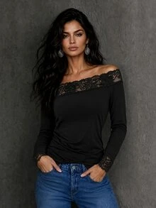 LUMIGAL Women's Autumn/Winter Black Lace Patchwork Asymmetrical Shoulder Waist-Cinching T-Shirt - Black - View 6