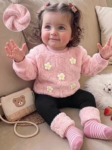 SHEIN Infant Girls Cute Fluffy Pink Floral Sweatshirt & Elastic Waist Long Pants Set - Pink - View 1