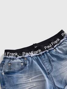 Paul Frank X ROMWE Women's Vintage Y2K Low Waist 2 In 1 Denim Shorts With Panty Edge - Blue - View 3