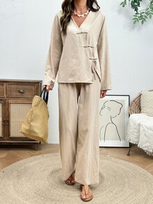 Holdful Holdful Women's Autumn New Casual Frog Button Decor Long Sleeve Two Pieces Set - Apricot - View 8