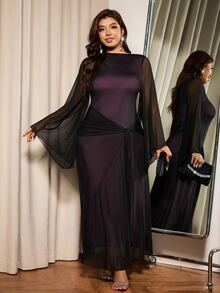 Elaquor Plus Size Women Mesh Patchwork Elegant Waist-Cinching Party Dress - Black - View 6