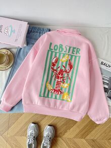 SHEIN 少女女孩秋冬休閒度假風粉色字母龍蝦圖案圓領套頭寬鬆抓絨運動衫 - 紅色 - 查看 6