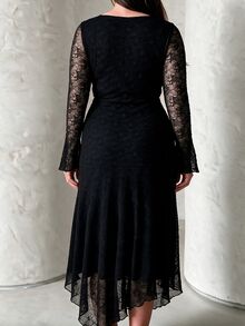 Modelyn Plus Size Women Black Lace Round Neck Long Sleeve Side Ruched Asymmetric Hem Fitted Midi Dress Dark Coquette Fall Halloween Night Out Party Evening - Black - View 3