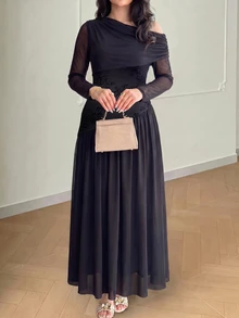 Modelyn Women's Asymmetric Shoulder Long Sleeve Ruched Waist Design Embroidered Mesh High Elastic Pleated Elegant Party Plus Size Dress - Black - View 3