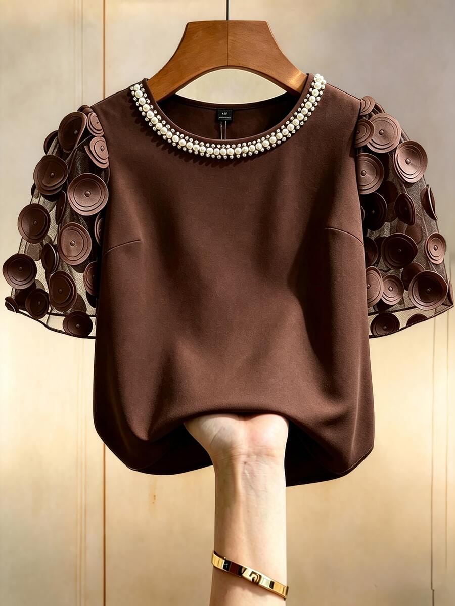 GlowEve CURVE Plus Size Vintage Fashion Faux Pearl Decor Shirt - Brown - View 1