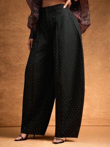 Vixey Women's Minimalist Fashion Rhinestone Loose Long Pants Daily Wear - Black - View 5
