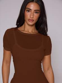MUSERA ESSENTIALS Double Layered Sheer White Loose Fit Tee With Fitted Scoop Tank Underlayer  Spring Summer Cute Holiday Daily Everyday Back To School Vacation Office - Brown - View 2