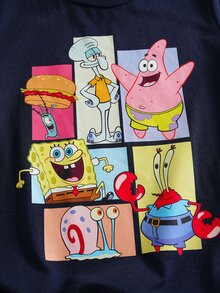 SpongeBob SquarePants | SHEIN 小男孩圓領短袖卡通圖案印花T恤 - 藍色 - 查看 5