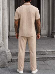 Manfinity CasualCool Men's Colorblock Short Sleeve Polo Shirt And Long Pants Casual Daily Outfit - Khaki - View 2