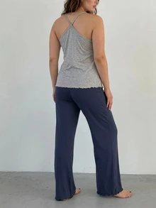 Dazy Plus 2pcs Solid Color Casual Camisole & Long Pants Loungewear Pajama Set - Grey - View 2