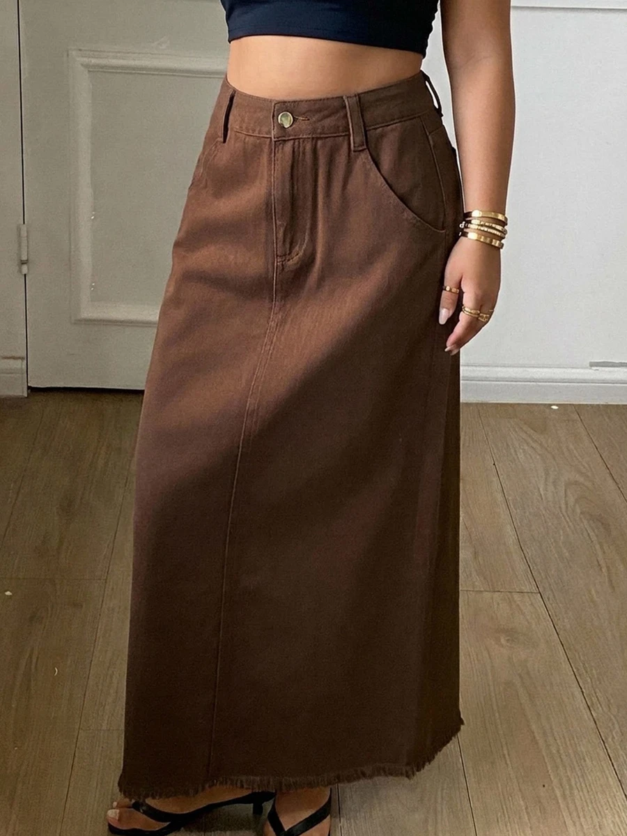 Dazy Plus Autumn/Winter High Waist Straight Long Solid Brown Minimalist Casual Denim Skirt - Brown - View 1