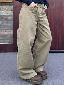Dazy Plus Blogger Style Casual Loose Embroidered Letter Korean Loose Fit Denim Jeans - Khaki - View 4
