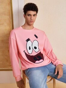 SpongeBob SquarePants | SHEIN Men's Cartoon Pattern Print Crew Neck Pullover Sweatshirt - Pink - View 6