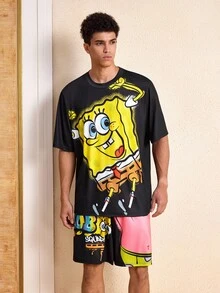 SpongeBob SquarePants | SHEIN Men's Cartoon Pattern Printed T-Shirt And Shorts Set - Black - View 1