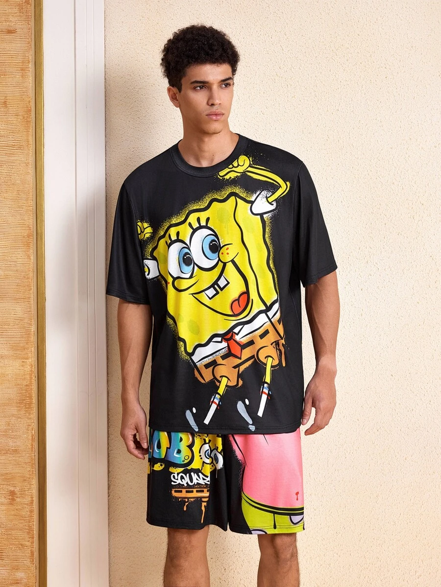 SpongeBob SquarePants | SHEIN Men's Cartoon Pattern Printed T-Shirt And Shorts Set - Black - View 1