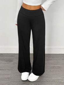 SHEIN PETITE 2件組女款休閒極簡高腰摺疊寬腿直筒長褲，適合夏季 - 彩色 - 查看 7